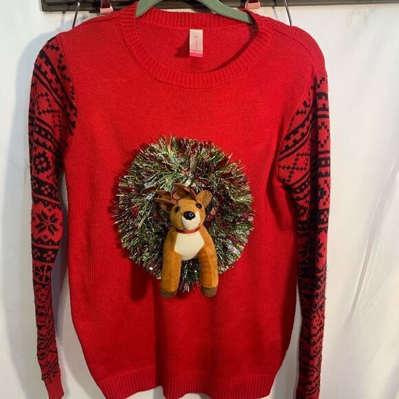 No Boundaries Ruby Red Wreath Plush Reindeer Ugly Sweater 3D - Picture 1 of 13